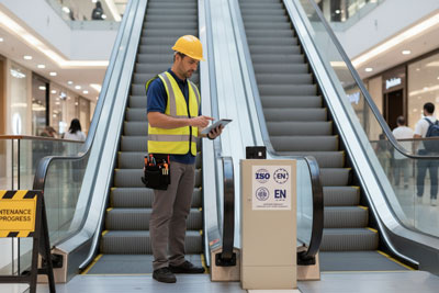 تصویر از یک مهندس که پله برقی را بررسی می‌کند، با نشان‌های گواهی‌نامه‌های بین‌المللی مانند ISO و EN