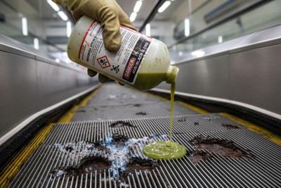 استفاده از مواد شوینده اسیدی و نامناسب که باعث خوردگی و لک شدن دائمی پله‌های آلومینیومی پله برقی می‌شود.