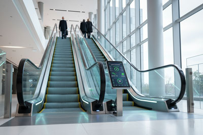 تصویر از پله برقی با سنسورهای هوشمند و سیستم کنترل انرژی، نشان‌دهنده تکنولوژی‌های پیشرفته مانند مانیتورینگ از راه دور