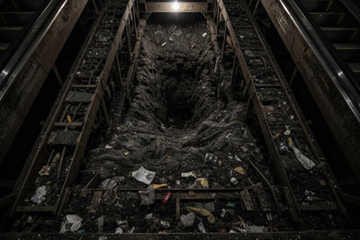 نمایی از چاهک پله برقی کثیف و پر از پرز و روغن که یک خطر جدی آتش‌سوزی در اثر نظافت غیراصولی پله برقی است.