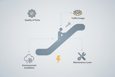 اینفوگرافیک عوامل موثر بر عمر مفید پله برقی: کیفیت قطعات، میزان تردد، شرایط محیطی، نگهداری و سیستم‌های الکتریکی.