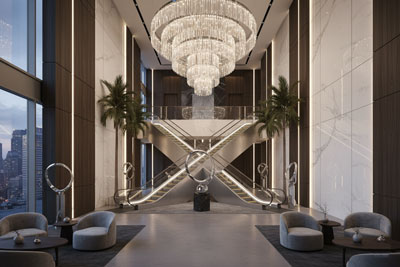 نمای داخلی ساختمان لوکس با پله برقی مسکونی و طراحی نورپردازی مدرن