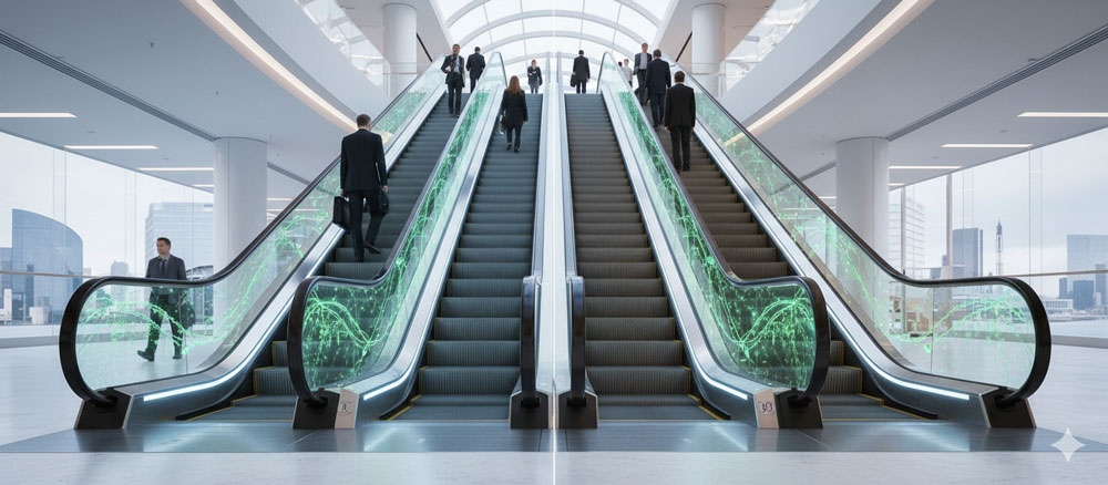 پله برقی مدرن، نیمی درخشان و نوسازی‌شده نماد افزایش عمر مفید، نیمی قوی اما با نشانه‌های کم‌رنگ قدمت، در پس‌زمینه مرکز خرید. راهکارهای افزایش دوام پله برقی.