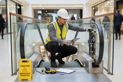 بازرس ایمنی در حال بررسی ایمنی پله برقی