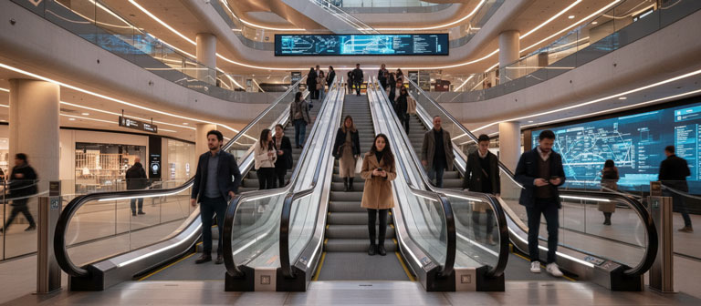 پله برقی مدرن در یک مرکز تجاری شلوغ