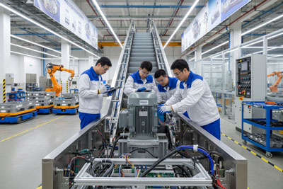 تکنسین‌ها در حال مونتاژ پله برقی با قطعات باکیفیت در کارخانه